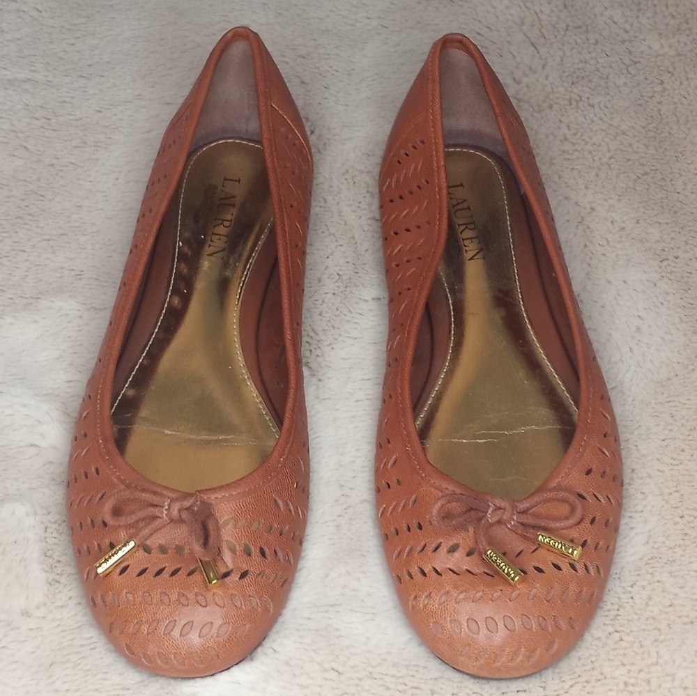 Ralph Lauren Leather Laser Cut Bohemian Bow Classic Preppy Tan Ballet Flat 8.5